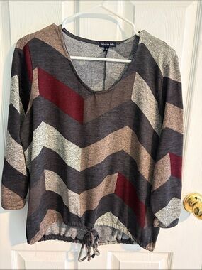 Chevron Drawstring Pullover Top - Gray, Brown & Burgundy